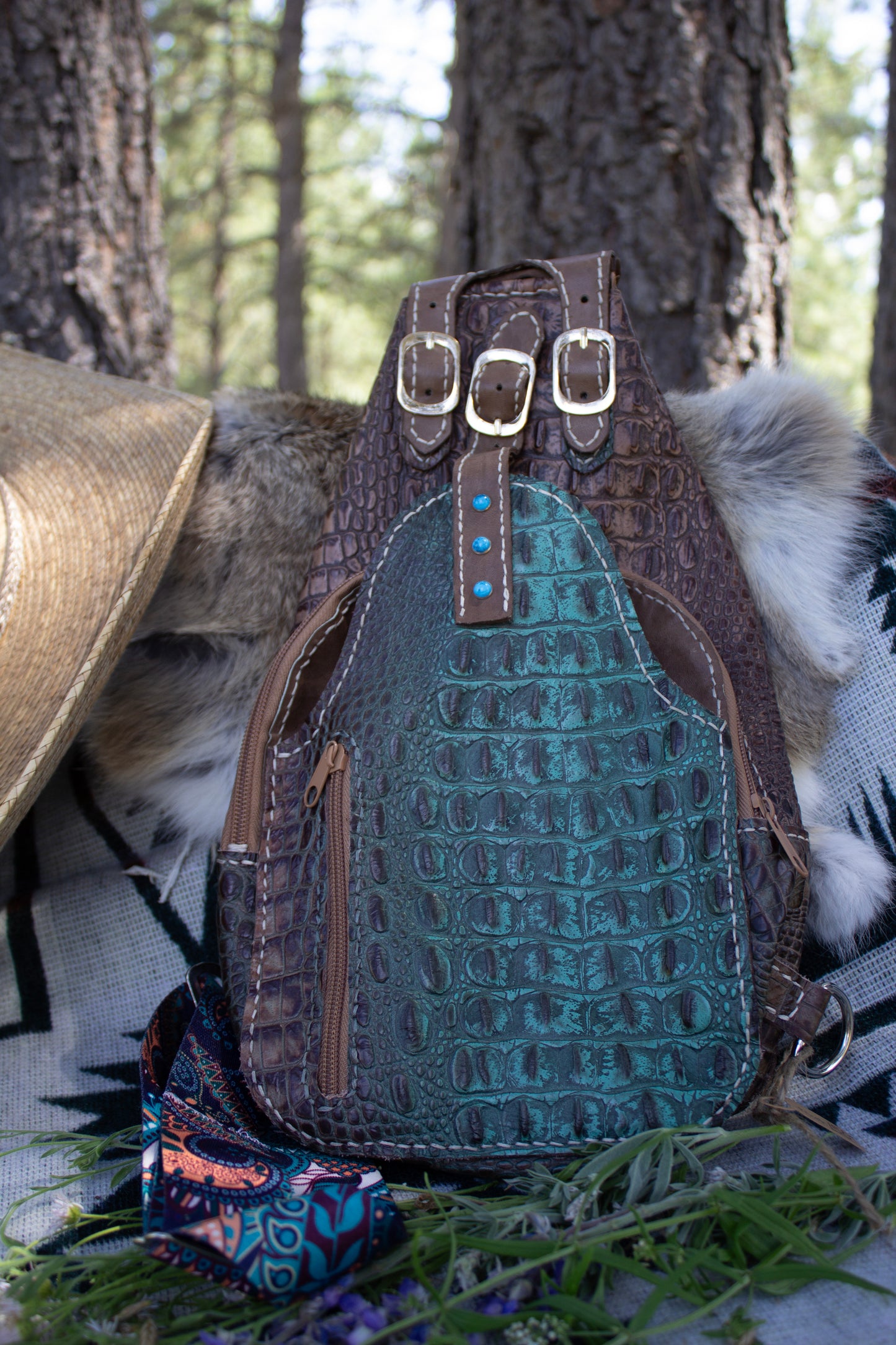 Turquoise and Brown Croc Sling Bag